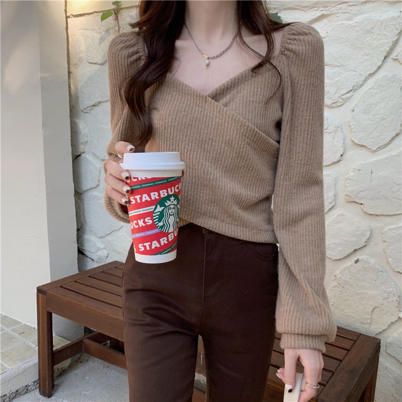 Suhao American Tops Square Neck Knit Wanita Sweater Merah Pendek Rasa Prancis Atasan Lengan Puff