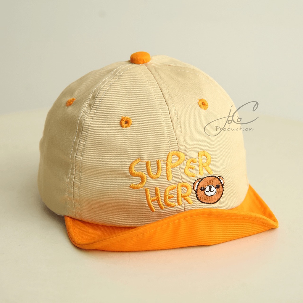 Jocoproduction - Topi Fashion Anak - Bayi Laki-laki & Perempuan Motif Super Hero Bear Pet Cute Unisex Bordir-Orange Muda