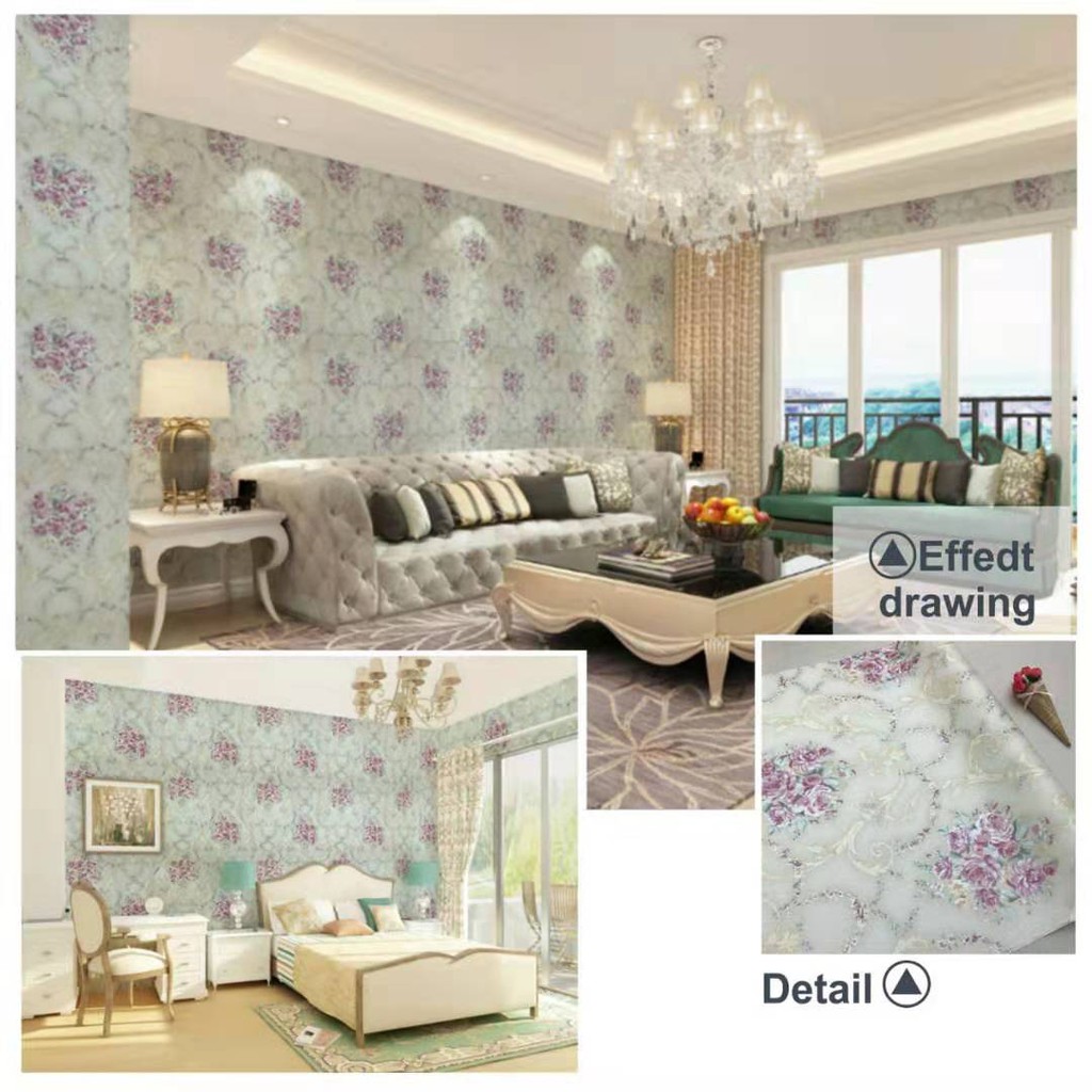 Wallpaper Sticker Motif Bunga Pink Warna Dasar Kehijauan  5250-1 Wallpaper Sticker Murah dan Berkualitas