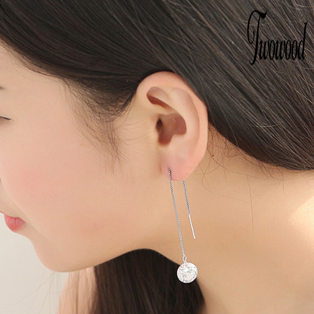 1 Pasang Anting Menjuntai Bentuk Bulat Bahan Cubic Zirconia Lapis Silver Anti Korosi Untuk Wanita