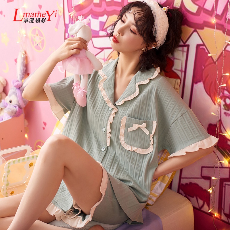 【New】FRS Home Musim panas baru piyama wanita kerah tipis kardigan Perancis manis minimalis warna sol