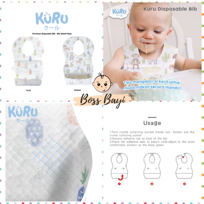 KURU Premium Disposable Bib / Celemek Makan Sekali Pakai Bayi Anak