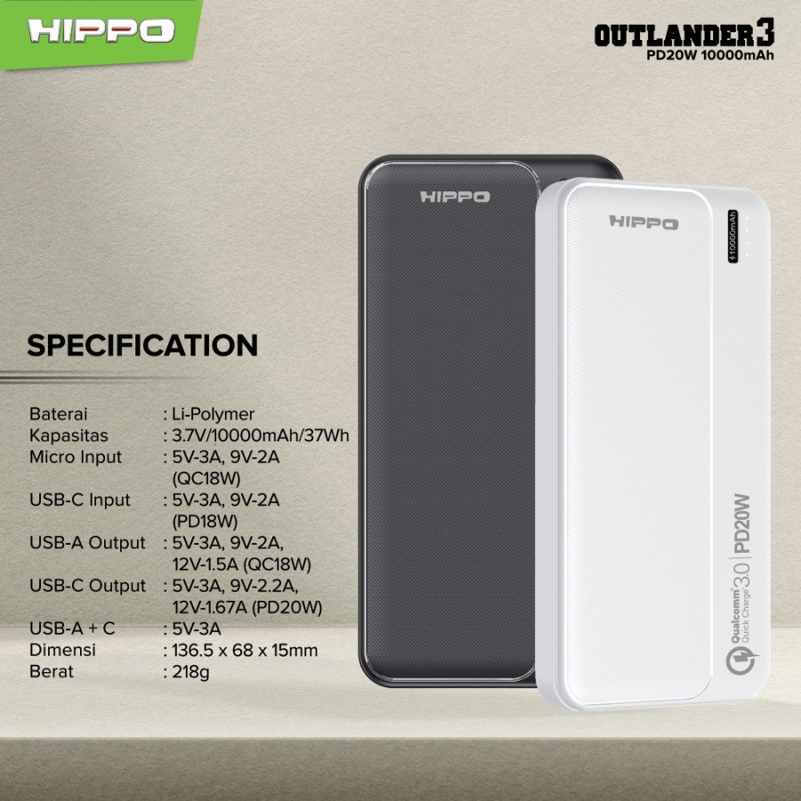 Hippo Powerbank Outlander 3 10000 mAh 20W 3A PD Fast Charging Qualcomm Quick Charge Power Bank Original Ori 10000mAh