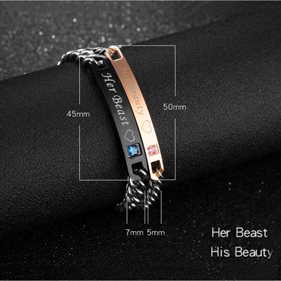 His Queen &amp; Her King Gelang Tangan Rantai Titanium Steel Warna Rose Gold / Hitam / Silver Untuk Pria / Wanita