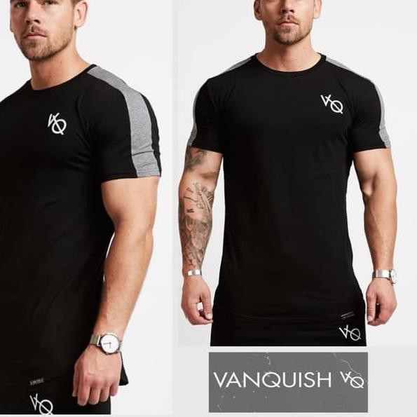 Diskon* Kaos VQ STRIPE / Baju Vanquish gym fitnes pria shoulder list CASUAL ,,...