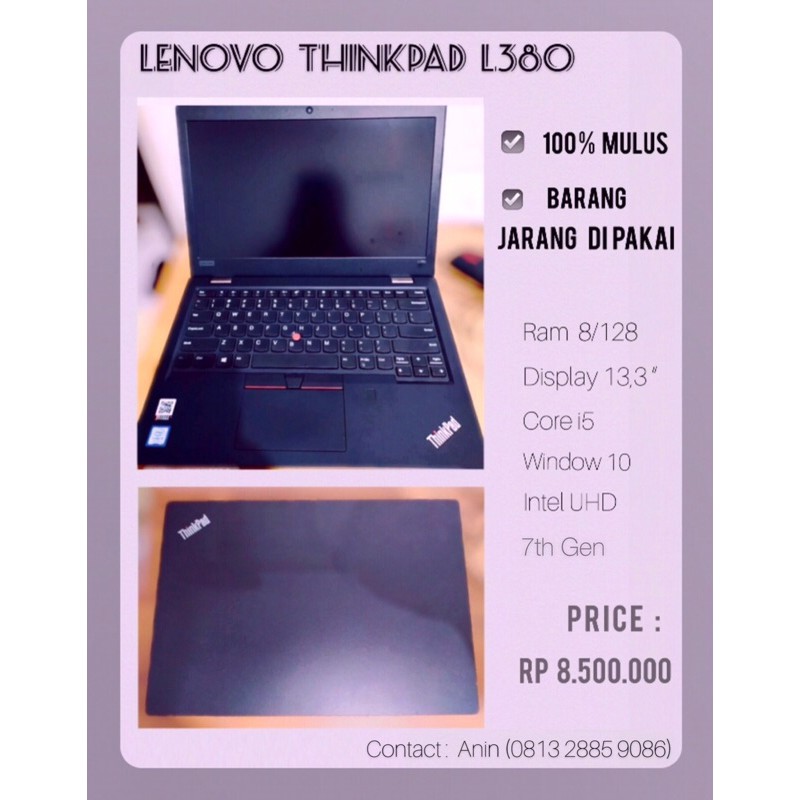 Laptop Lenovo ThinkPad L380.  Laptop 100% mulus.  Barang jarang dipakai.  Dijual cepat