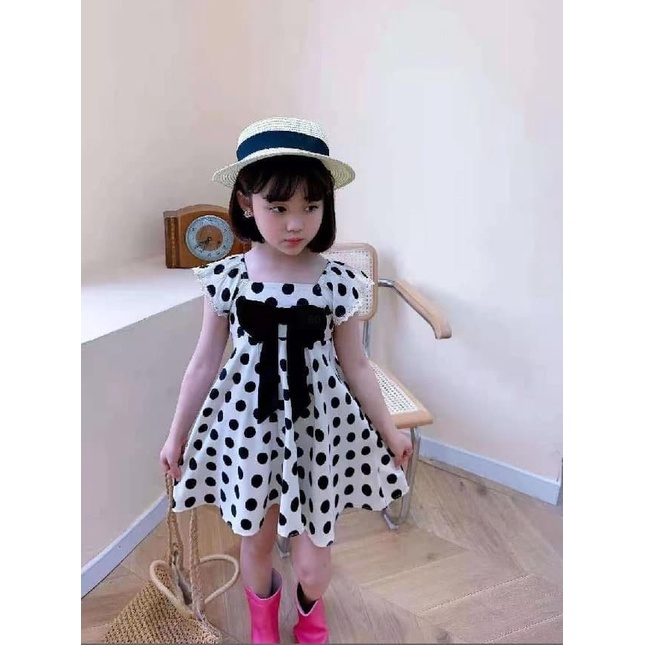 Promo !! Dress anak cewek simple/ dress anak/ dress sale zig zag ribbon polka import uk 3-7th (orange,hitam)
