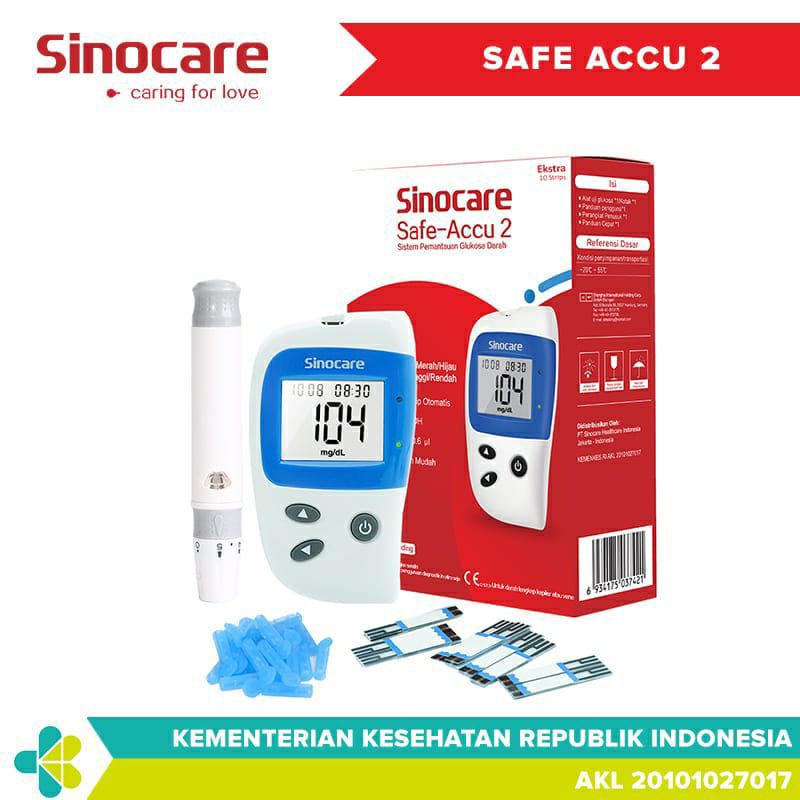 Paket Lengkap Alat Cek Gula Daarah Sinocare Safe Accu 2 (25 Strip + 25 Lancets)