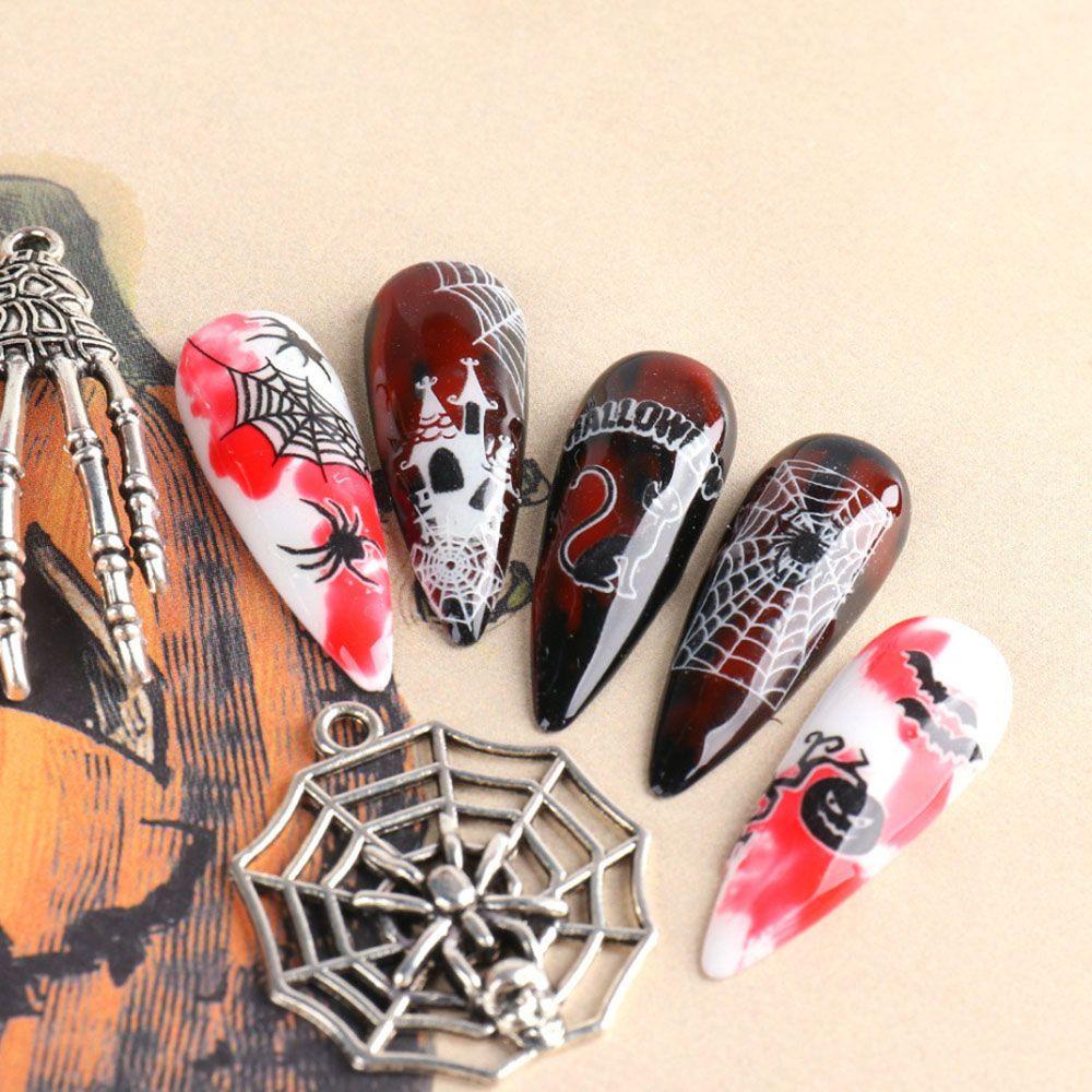 R-bunga Halloween Stiker Kuku Nail Art Dekorasi Spider Web Manicure Tengkorak Labu Glow In The Dark