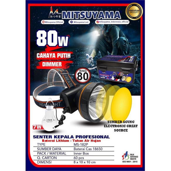 MS182 Mitsuyama Senter Kepala 80W MS182P Dimmer Bonus LED 7W