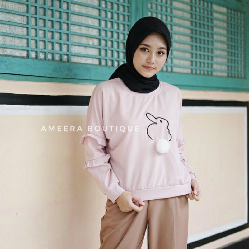 Ameera Boutique - Pevita Sweater Light Grey Pompom Rabbit Ruffle Crop