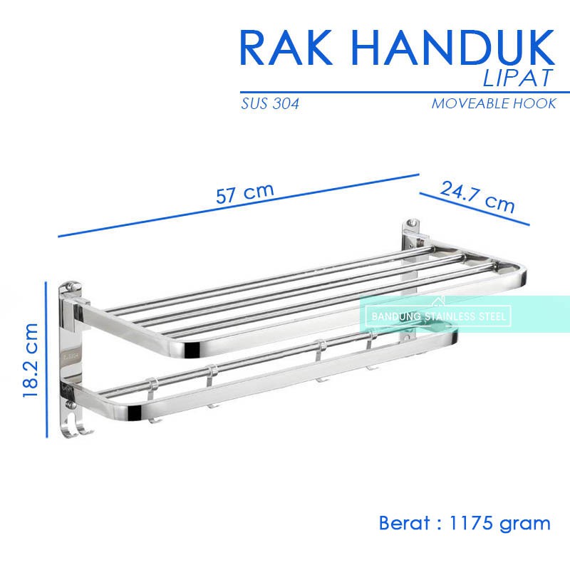 sus 304 Rak tempat handuk lipat stainless steel 4 baris plus kait geser 919 kamar mandi