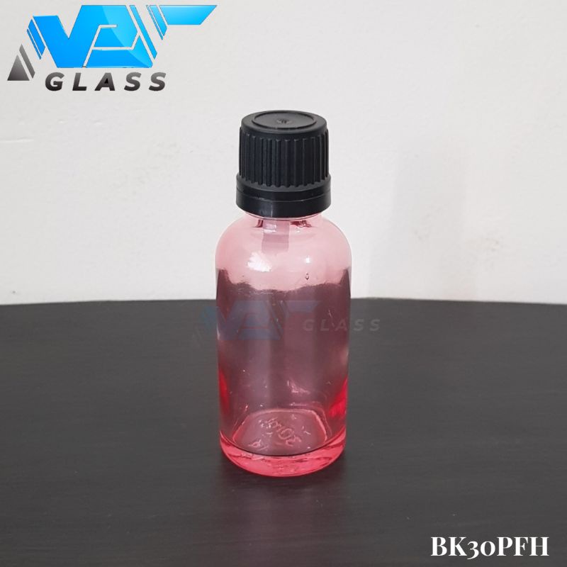 botol kaca 30ml tebal pink clear tutup filler hitam