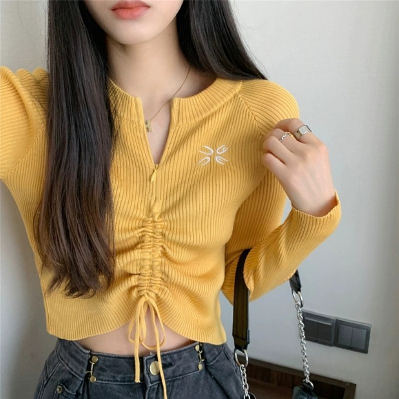 MDLV ~ 5591# Ashlynn Drawstring Knit Top Atasan Crop Blouse Rajut Serut Fashion Import