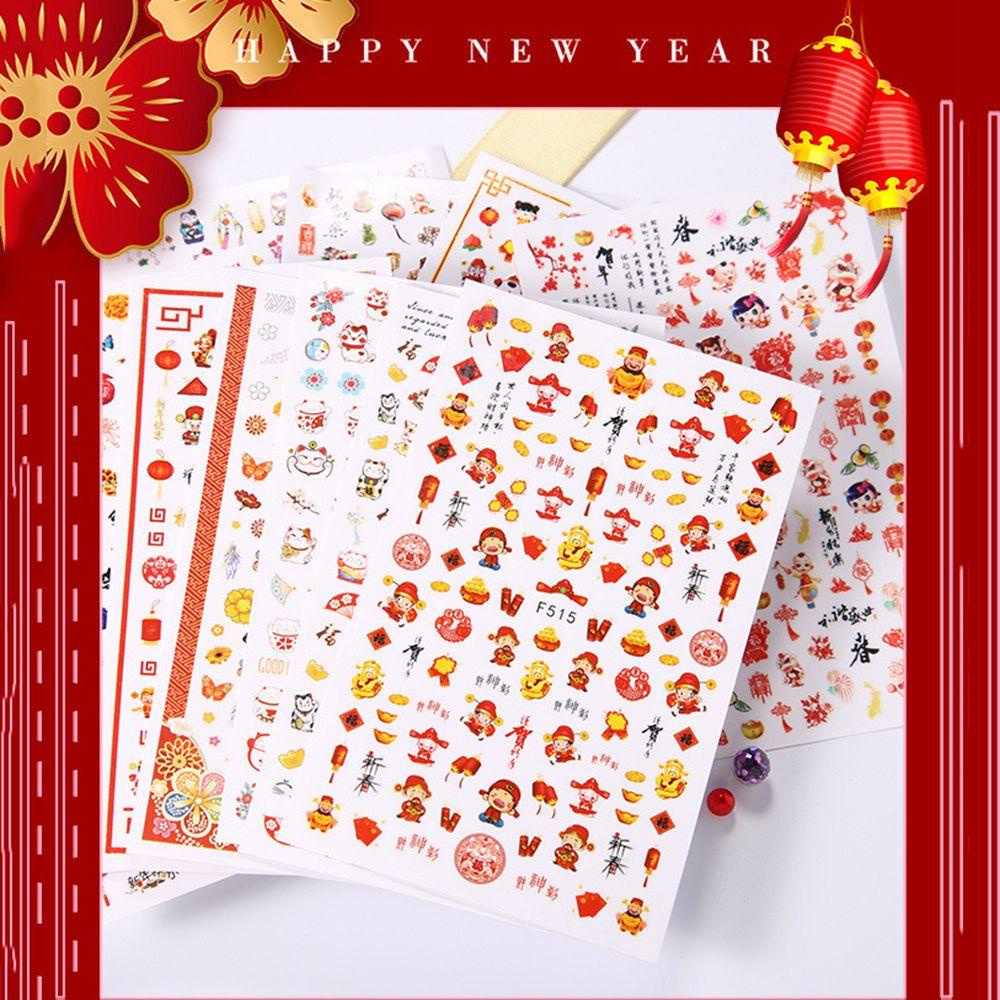 Mxbeauty Stiker Kuku Tahun Baru Meriah Happy Lantern 2022tahun Baru Cina Simpul Lucky Cat DIY Dekorasi Nail Art