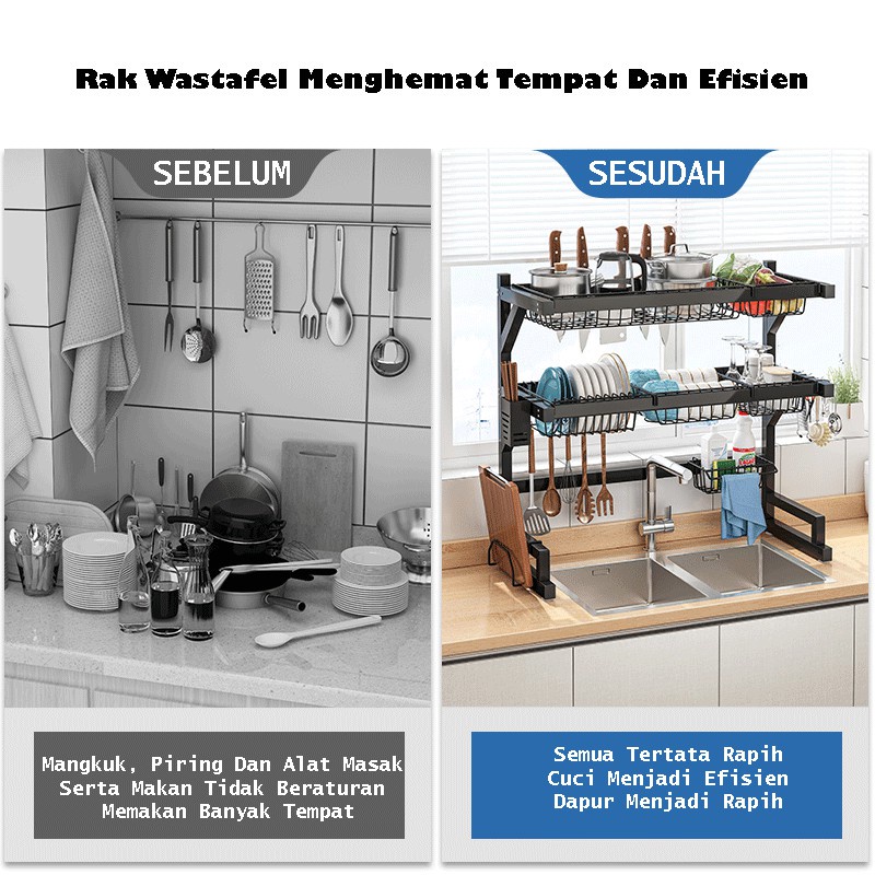 KAGK Rak Cuci Piring Dapur Stainless Hitam Rak Wastafel Rak Piring Dan Peralatan Dapur Kokoh Kuat
