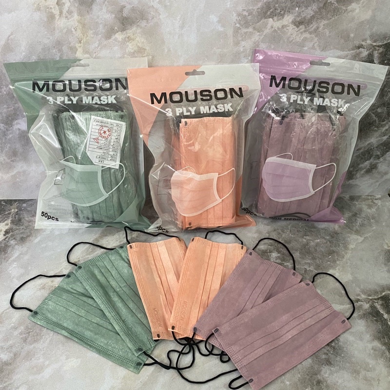 MASKER EARLOOP 3PLY PEACH MERK MOUSON CAREION TERMURAH 1BOX ISI 50PCS