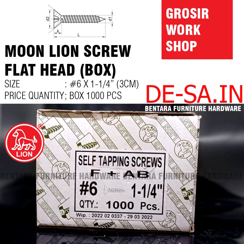 (GROSIR) #6x30MM Moon Lion Box 1000 PCS Skrup Tapping Screw (Sekrup Lion #6 X 1-1/4&quot;) (WORKSHOP)