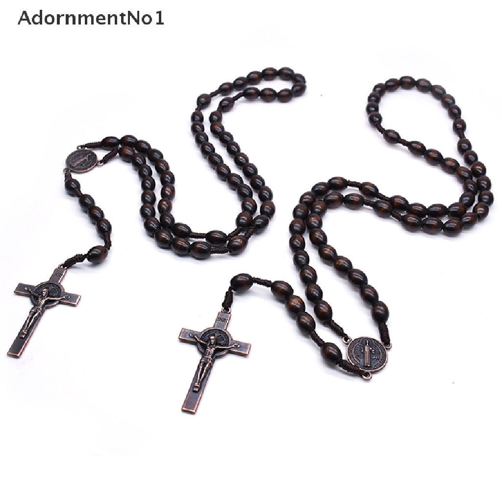 (AdornmentNo1) Kalung Rosario Katolik Manik Kayu Liontin Salib Yesus Gaya Vintage