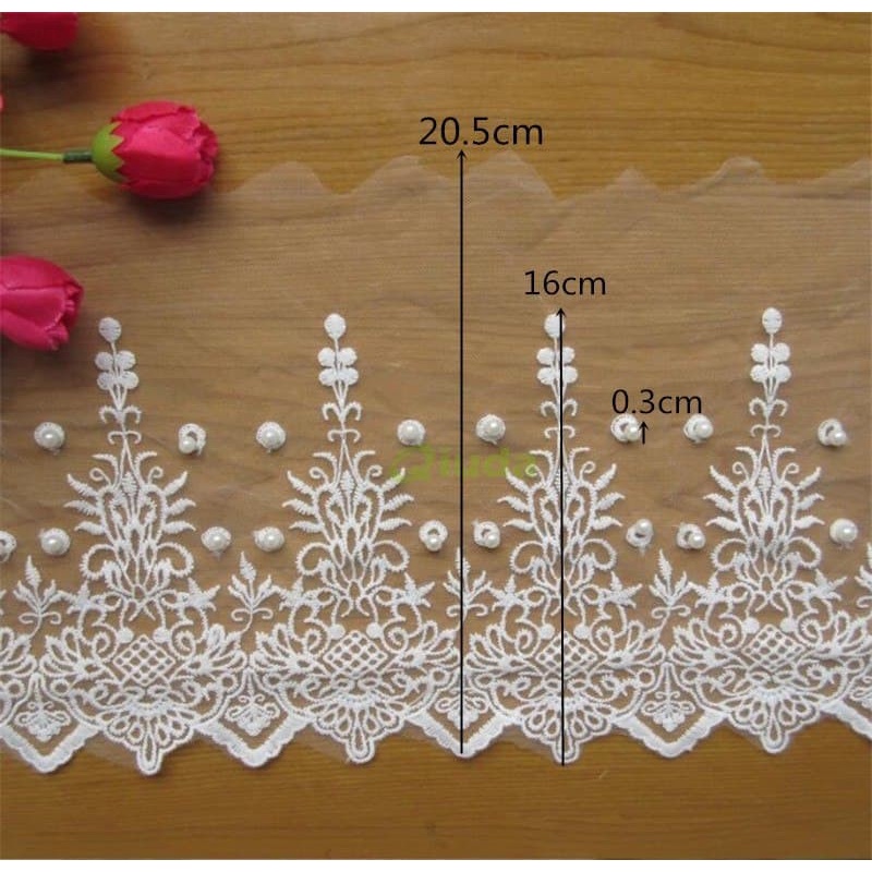 Cotton Net Mesh Embroidered Lace - Floral Pearl 20,5cmx0.5Yard