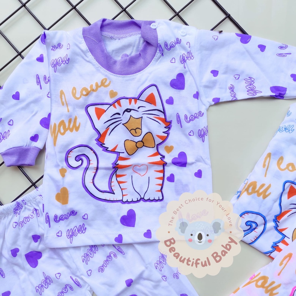 Baby.ou - Setelan Baju Bayi Lengan Panjang Celana Panjang Motif Cat Love / Setelan Piyama Bayi Perempuan / Baju Bayi Panjang / Baju Tidur Bayi Perempuan