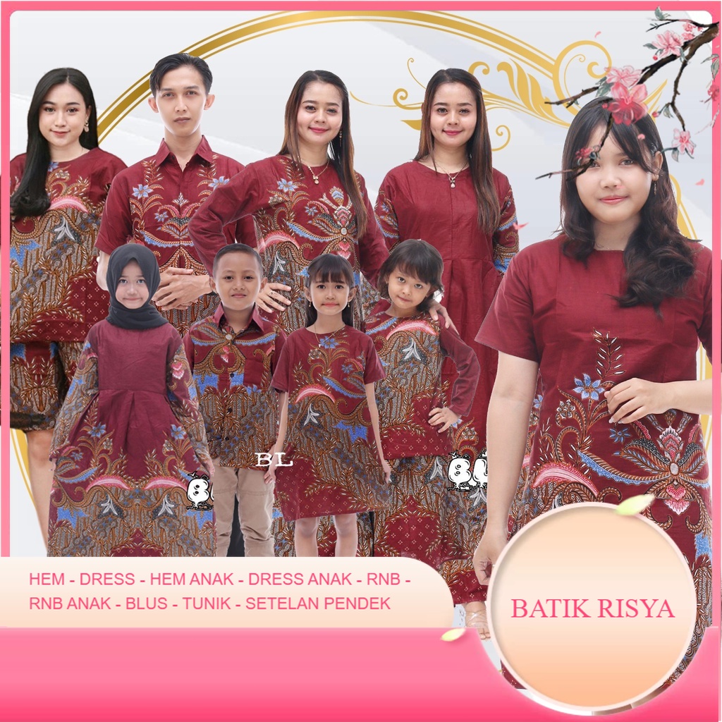 Pakaian Keluarga Risya - Ibu Bapak Anak - Motif Mahkota Warna Merah Marun - Dress Tunik Blus Hem Kem
