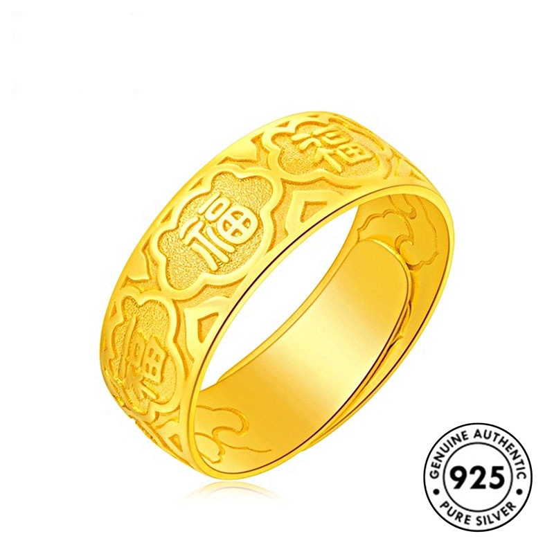 Cincin Model Terbuka Desain Karakter Fu Bahan S925 Silver Gold Plated