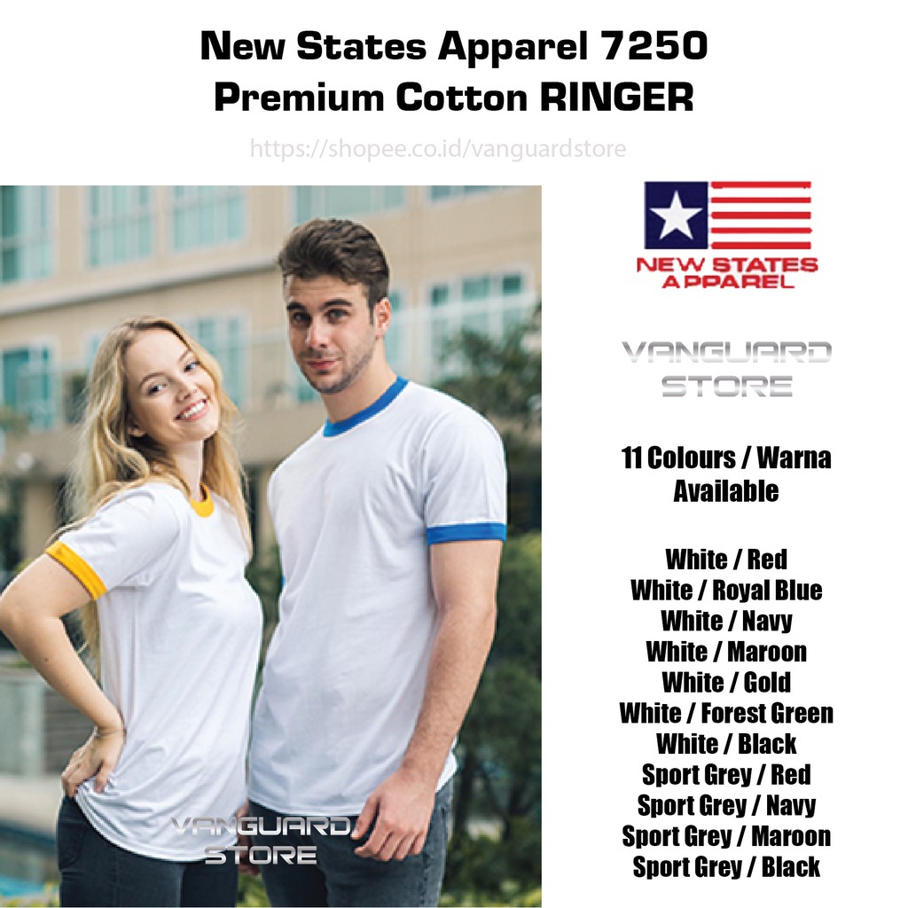 Kaos Polos New States Apparel 7250 Premium Cotton RINGER ukuran S - XXL Big Size Jumbo