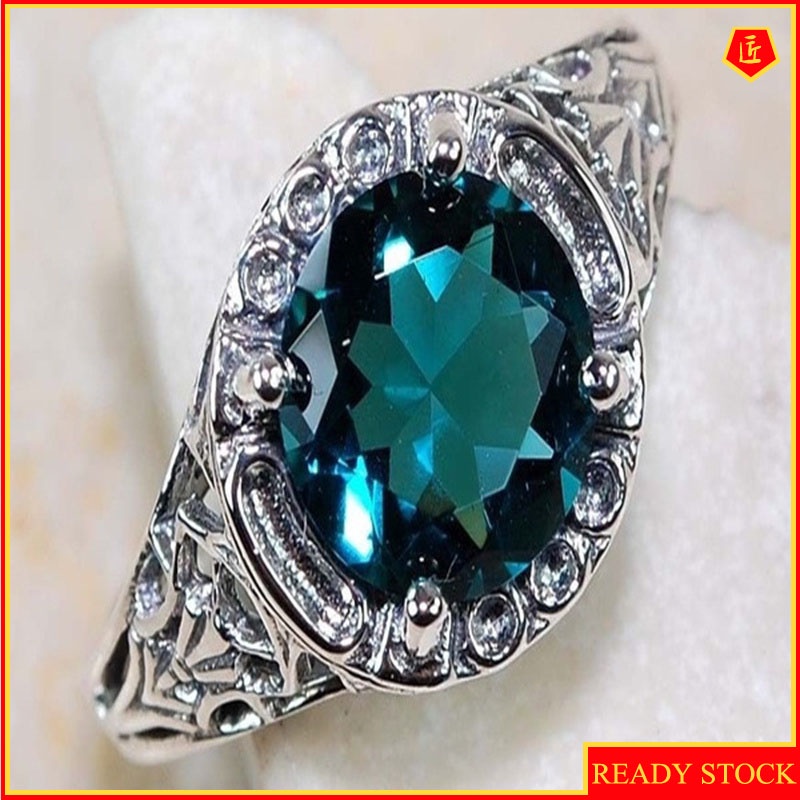[Ready Stock]Green Topaz Gemstone Ring Retro Elegance