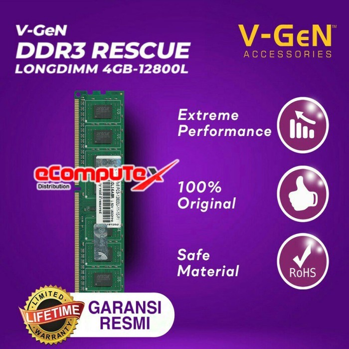 RAM V-GEN DDR3 RESCUE LONGDIMM 4GB 12800L / 1600MHZ MEMORY RAM PC 4 GB GARANSI RESMI