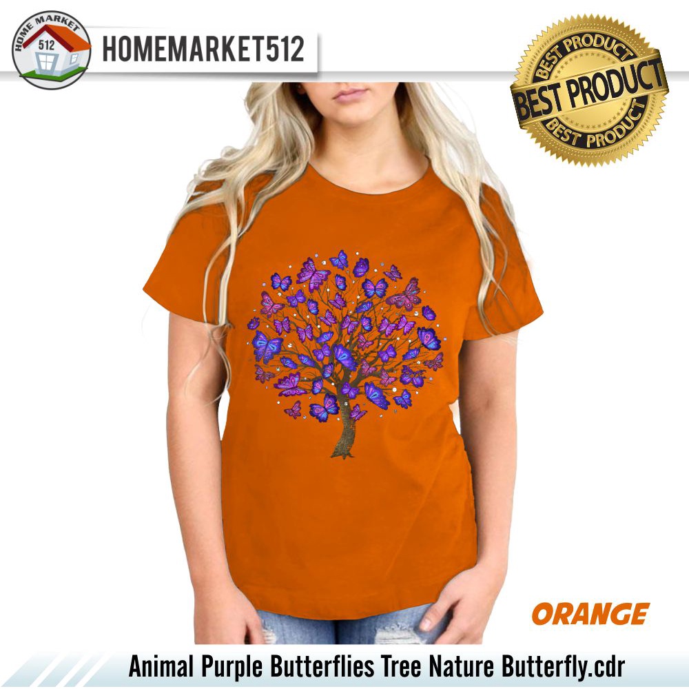 Kaos Wanita Animal Purple Butterflies Tree Nature Butterfly Kaos Unisex Premium Dewasa Premium - Size USA : S-XXL    | Homemarket512-ORANGE