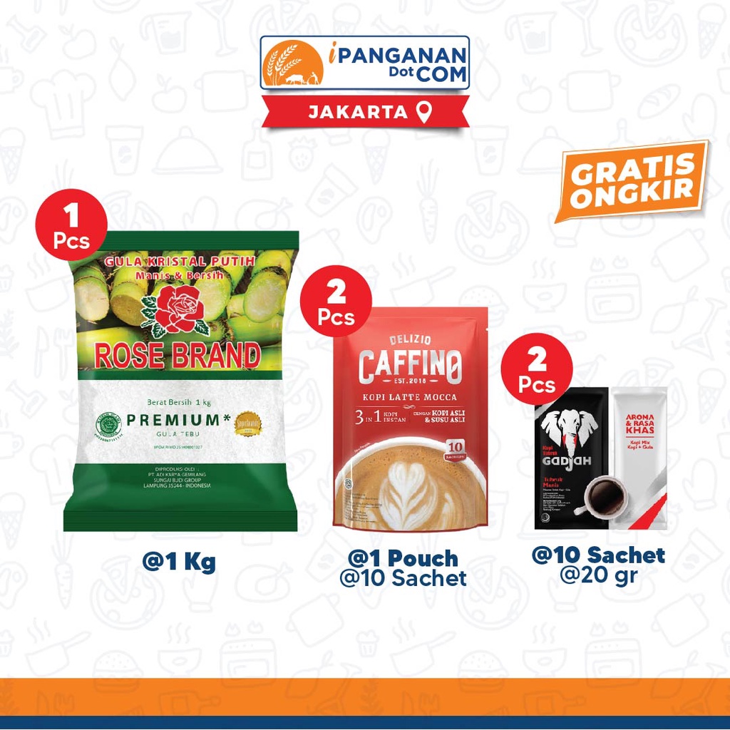 

Paket Ngopi - Caffino Mocca Renceng 20 Gr x 2 Pack, Kopi Gadjah Tubruk Asli Pouch 150 Gr x 2 Pack dan Gula Pasir Premium Rose Brand 1 Kg [Gratis Ongkir] - JKT