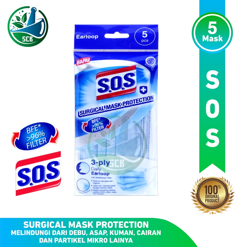 SOS Surgical Mask Protection Earloop 3 Ply Isi 5 Pcs