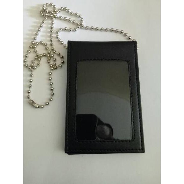 

♕86640❁ Name Tag Id Card Holder Dompet Saku Tempat Wadah Kartu plus Kalung Rantai kulit Hitam Dof Ba