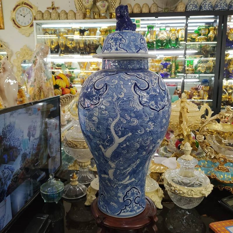 Guci keramik Model Atas Singa/ Guci Keramik.Biru Putih