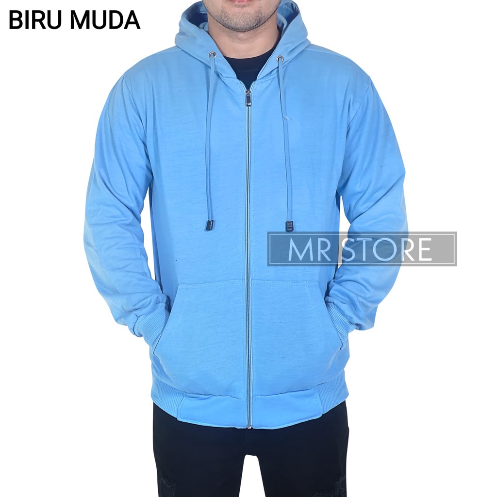 L,XL,XXL Jaket zipper hoodie polos hitam mr store-BIRU MUDA