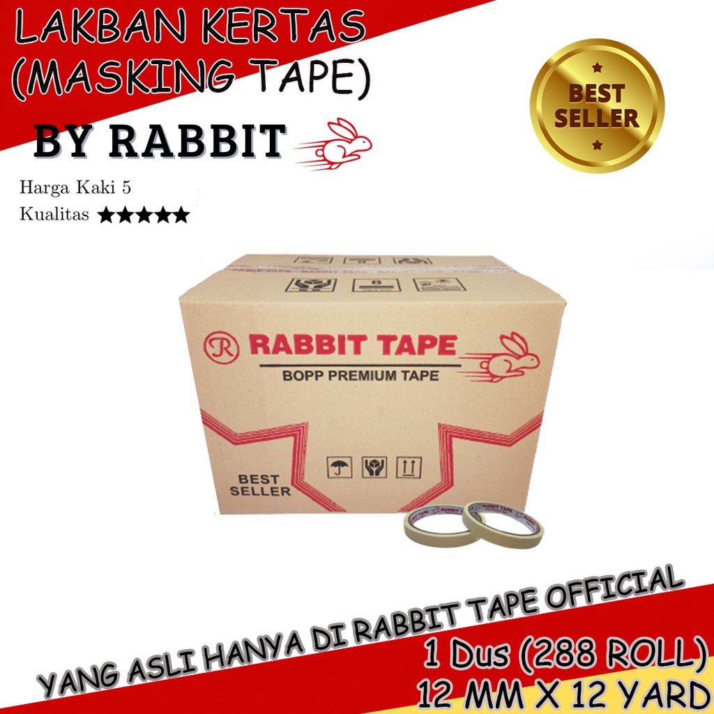 

Masking Tape 12mm x 12 Yard / Lakban Kertas RABBIT TAPE 1/2 inch x 12 Yard (1 DUS)