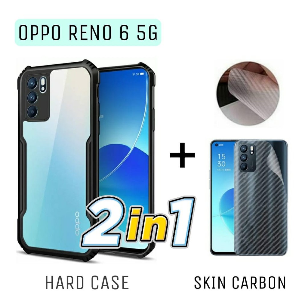 Case OPPO RENO 6 5G Paket 2in1 Hard Case Fusion Shockproof Armor Transparant Free Skin Carbon