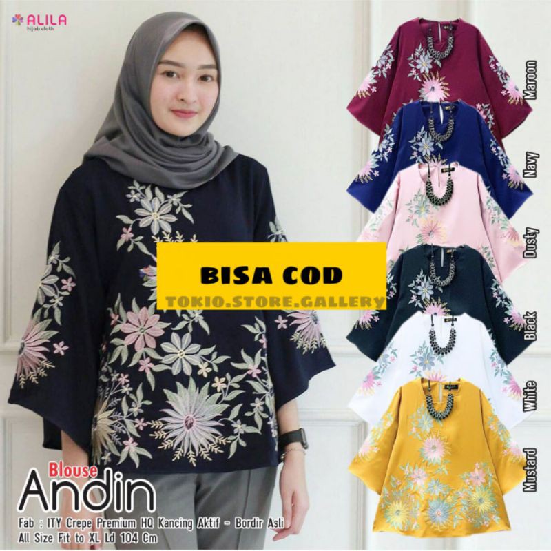 Andin blouse bordir premium ity crepe | blouse casual cantik | atasan blouse origonal alila