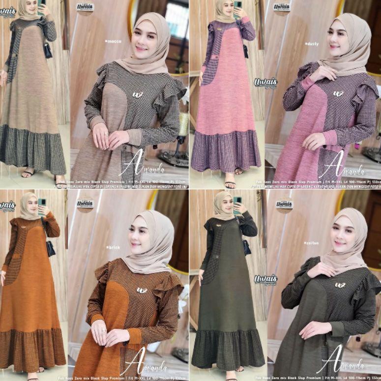 Gamis Wanita Awanda Kaos Lycra Knite Premium Tebal Adem Nyaman Fashion Muslim Remaja Kekinian Bagus 