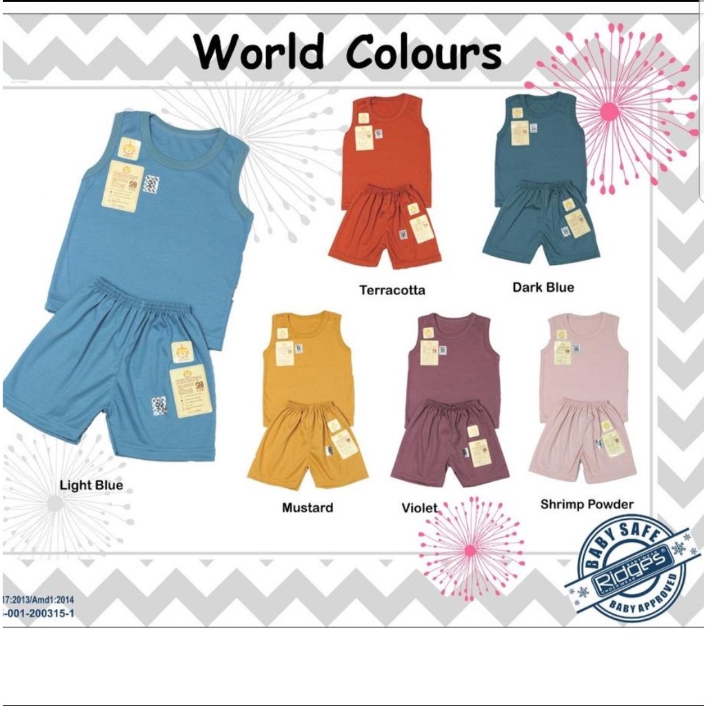 Setelan RIDGES KUTUNG World Colour / Piyama Setelan Anak Bayi Lengan Kutung Dasar Warna Polos | Bwr