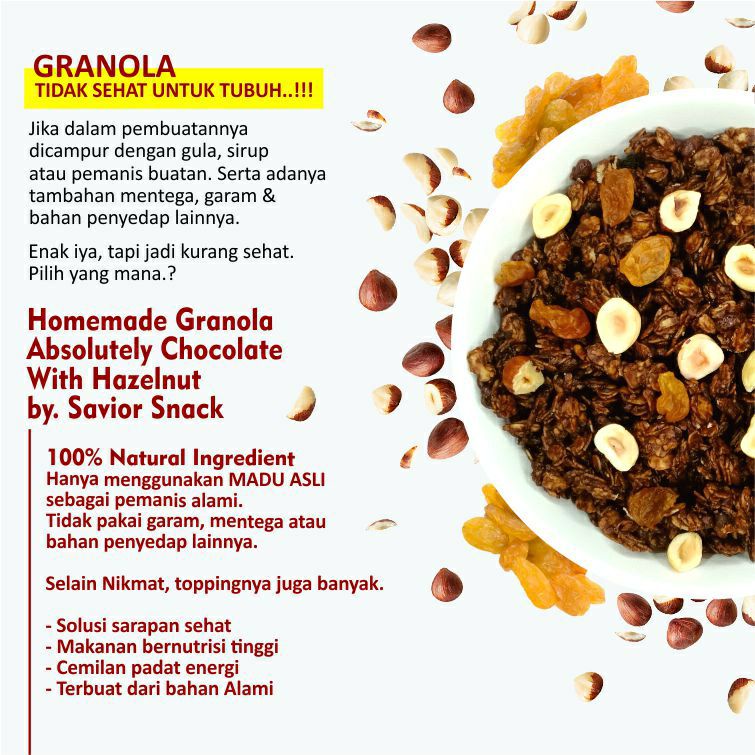 GRANOLA CRUNCHY ABSOLUTELY CHOCOLATE WITH HAZELNUT - SEREAL MAKANAN SEHAT SARAPAN PRAKTIS BERGIZI TINGGI NUTRISI BAHAN ORGANIK ALAMI TANPA PENGAWET - HIGH QUALITY - SAVIOR SNACK - GRANOLA BEST CHOCOLATE 300g