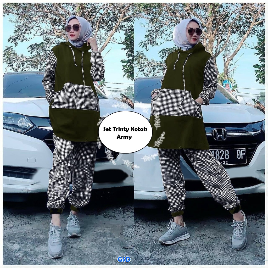 Trinty /Setelan Muslim Baju Dan Celana Jogger Panjang Wanita Casual Outfit Jalan Motif Kotak Ada Hoodie Bahan Babyterry