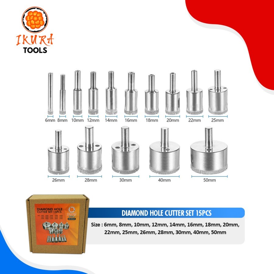 IKURA 15 Pcs Granit Diamond Hole Saw Cutter DHS20 Mata bor kaca