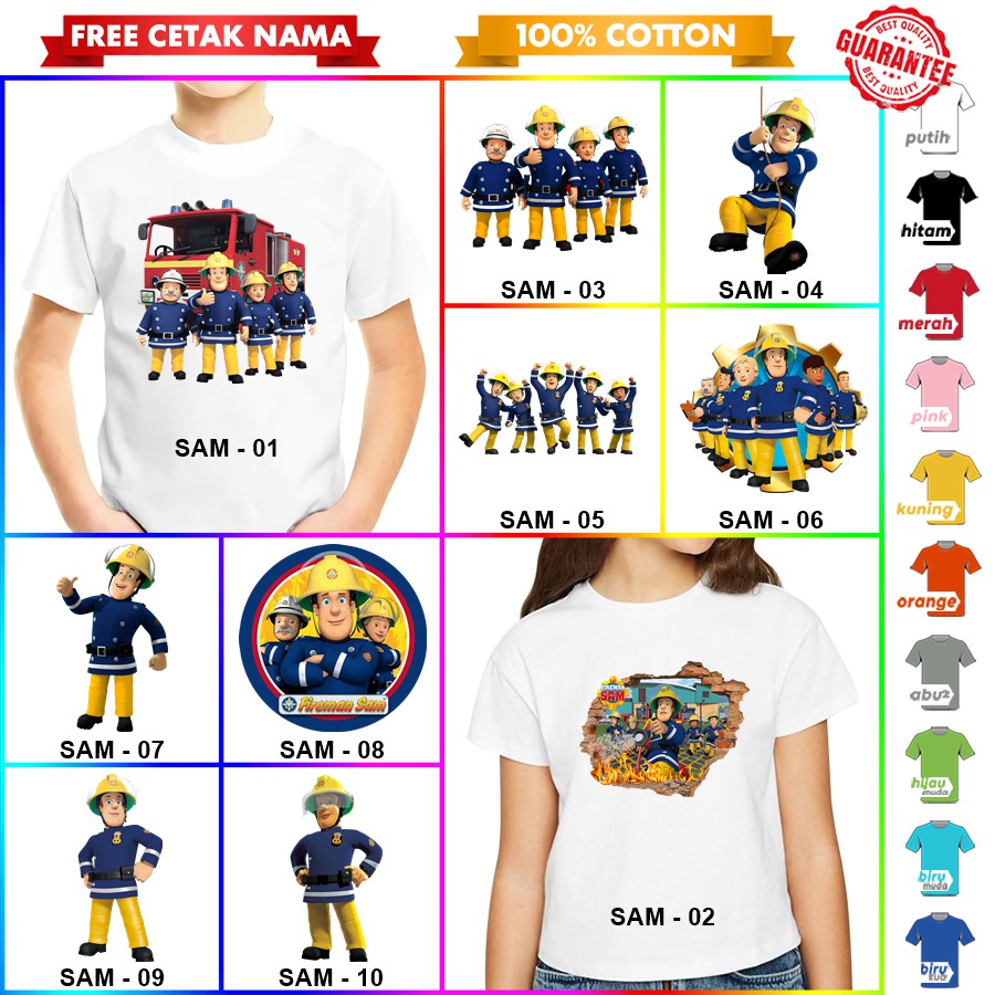 [FREE NAMA!!] Baju Kaos ANAK DAN DEWASA FIREMAN SAM BANYAK MOTIF