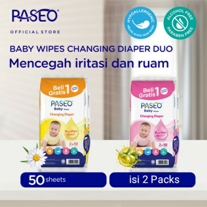 Tissue Basah 50 Sheets - Paseo Baby (1Paket isi 2Pack)