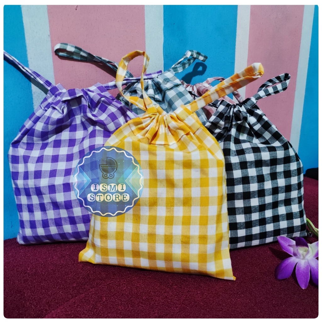 Tas Serut / Pouch Serut Unik Motif Kotak-Kotak Gingham Lucu Gaya Korea Bahan Katun Ukuran Besar dan Kecil by Ismi Store