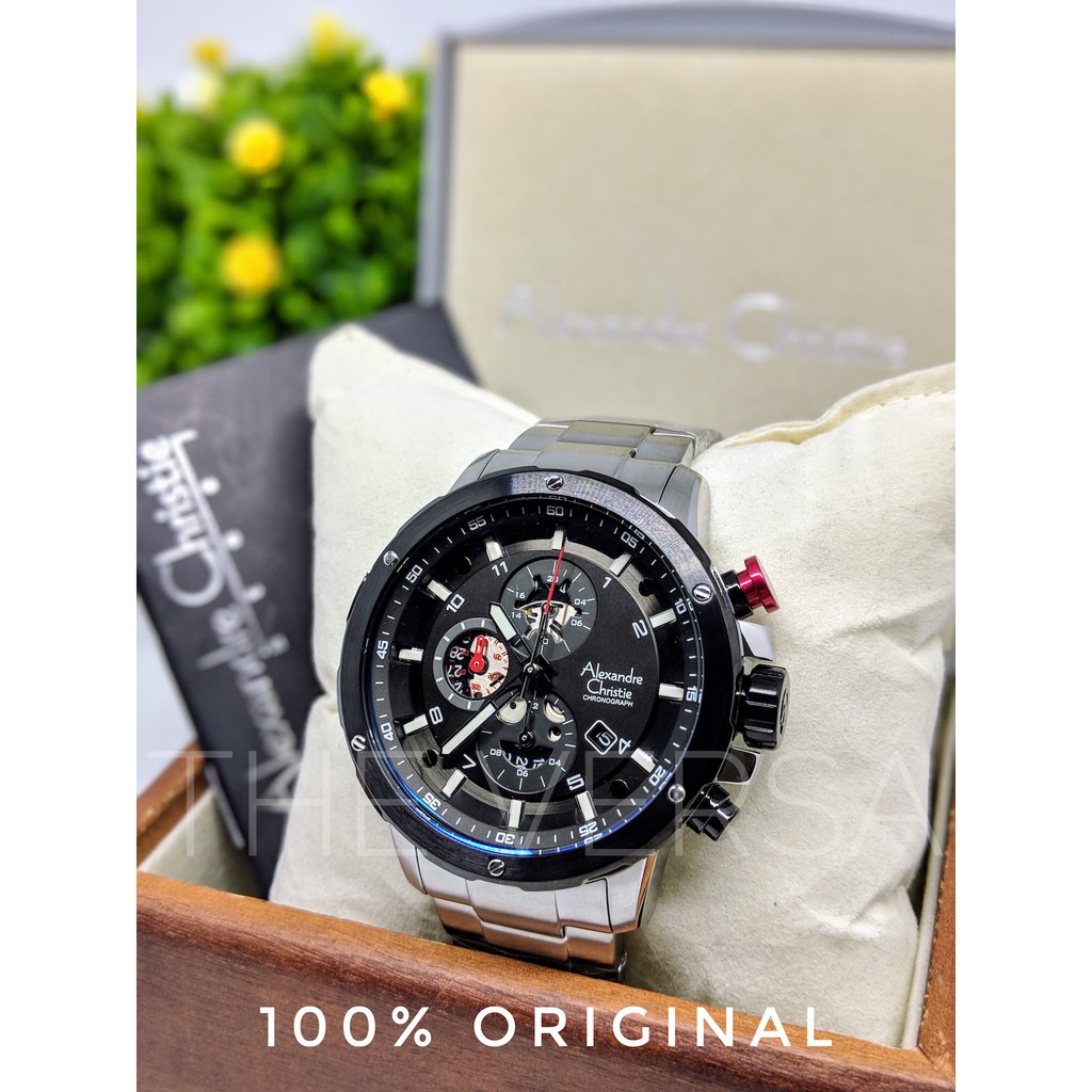 Alexandre Christie AC 6453 Jam Tangan Pria Hitam Rantai Silver