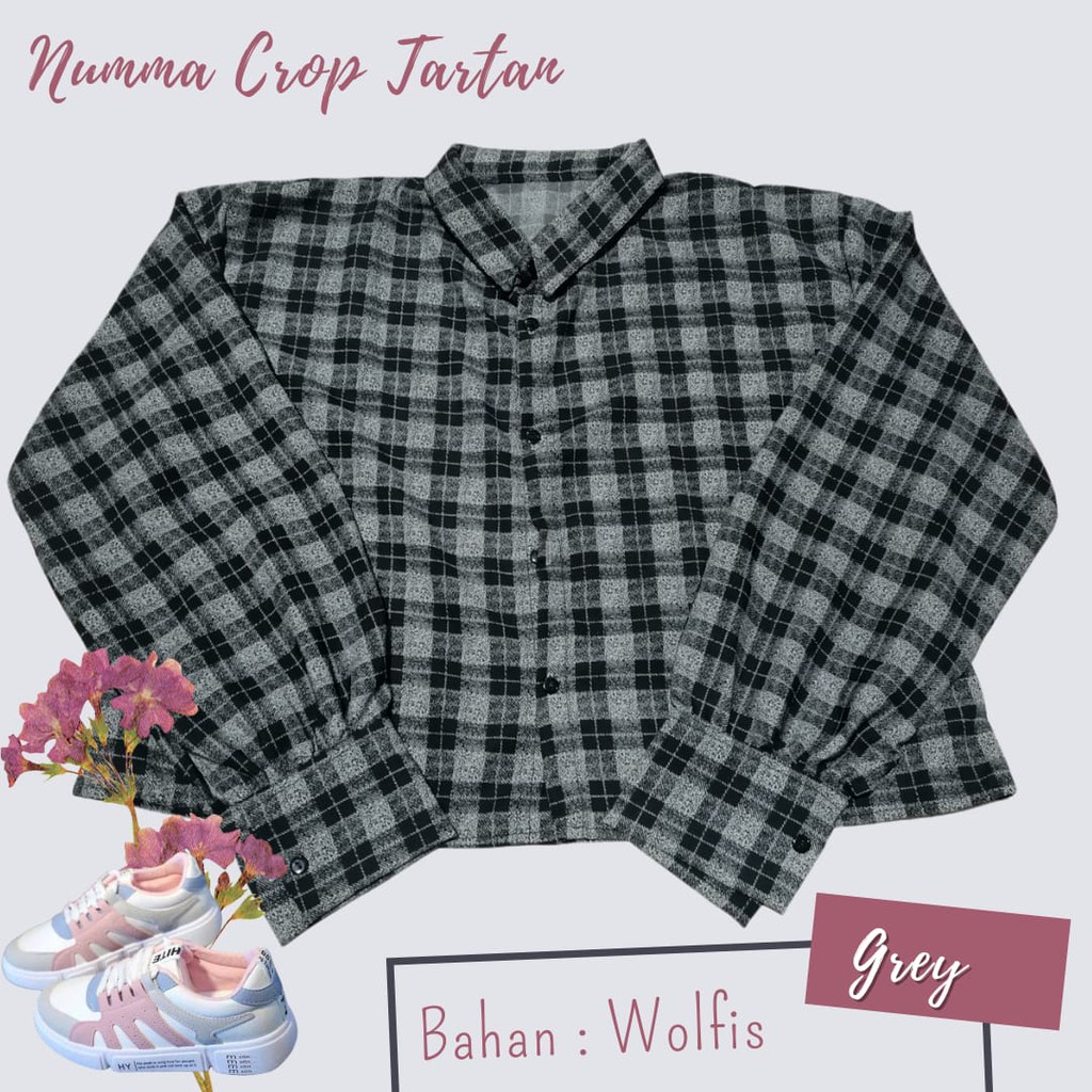 KEMEJA WANITA CASUAL POLOS BASIC AUDREY BASIC SHIRT KEMEJA LENGAN BALON POLOS, KEMEJA TANGAN BALON-NUMMA CROP GREY