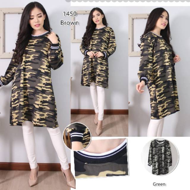 Tunik Wanita Motif Army / Loreng / Tentara / Bahan scuba / kaos tebal 1450#